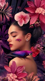 Orchid dreams cradle a serene muse in neon jungle hush
