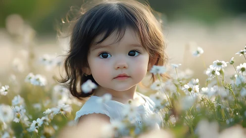 Gentle Wonder: A Child's Moment Among Blooming Daisies.