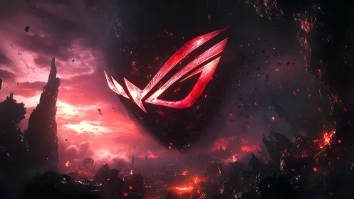 Red emblem over fractured dystopian landscape at dusk.