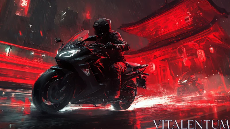 Motorcyclist in neon red rain near temple at night.