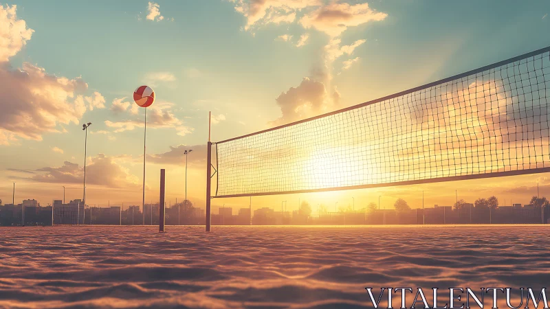 Golden hour beach volleyball court glows in warm sunset light