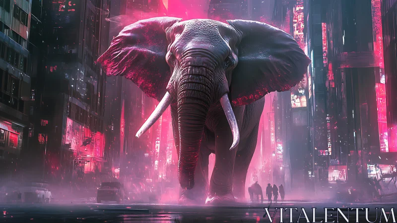 Colossal neon elephant dominates misty cyberpunk avenue.