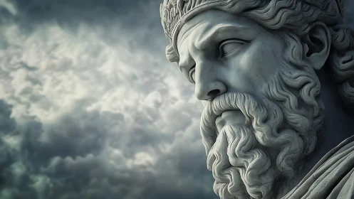 Marble stormwatcher gazes over brooding mythic skies.
