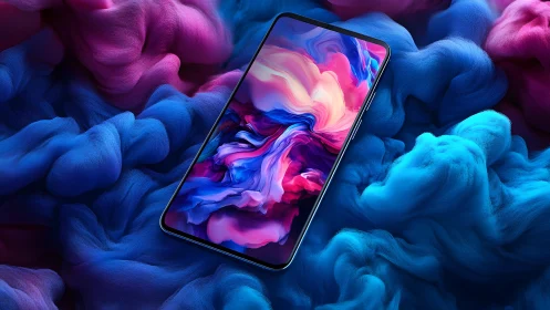 Modern smartphone on vibrant abstract background, digital art style.