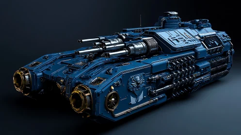 Armored sci fi tank prowls a dark futuristic hangar bay