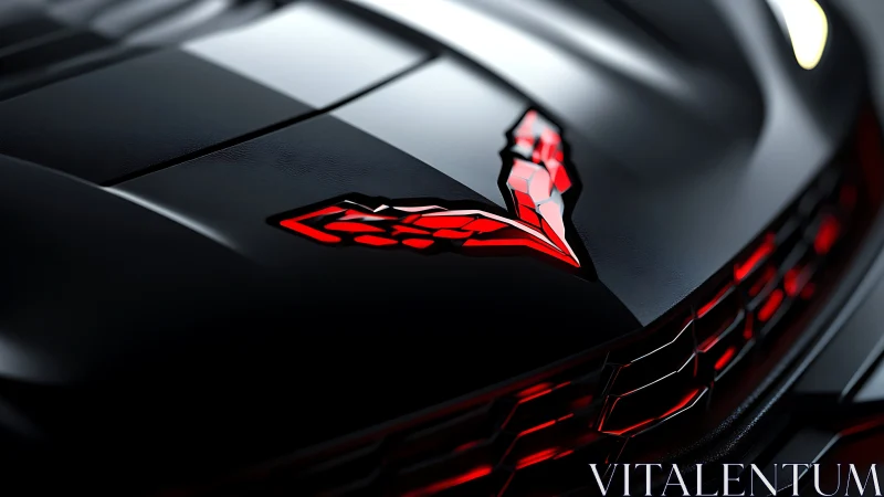 Red sports car emblem gleams on glossy black hood closeup