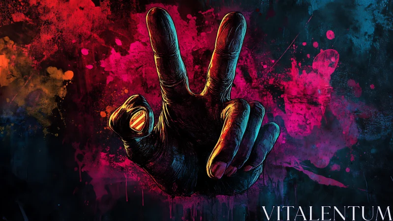 Neon graffiti hand forming bold peace sign gesture.