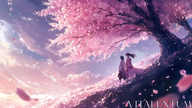 Wind-swept cherry hillside with silhouetted anime figures poised.