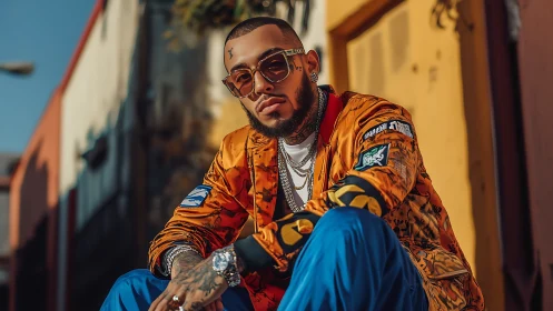 Street portrait of stylish man in orange jacket and chains.