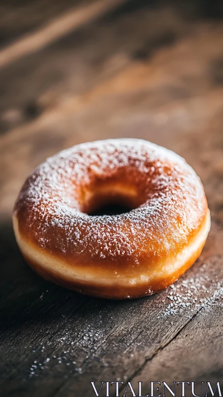 Golden sugar-dusted donut rests on rustic wooden table.