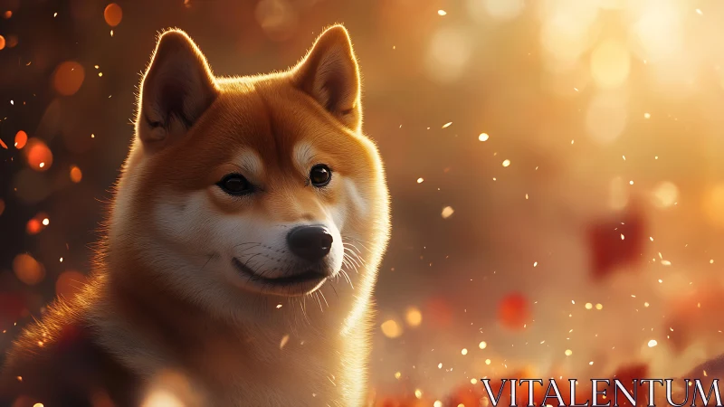 Shiba dog stands in warm autumn backlight with drifting embers