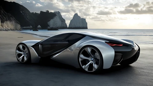 Futuristic concept supercar rests on a serene ocean shore