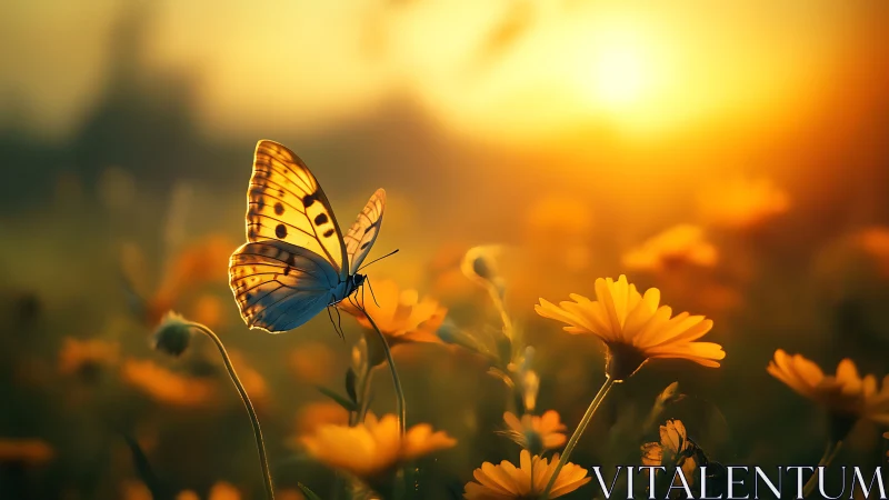 Golden hour butterfly pauses gently among glowing blooms
