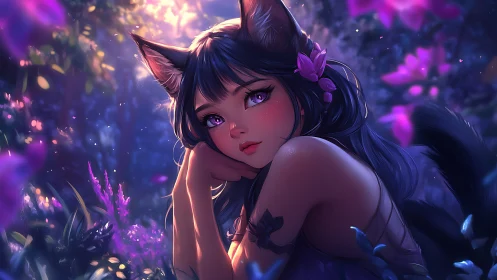 Enchanted catgirl muse beneath glowing twilight blossoms.