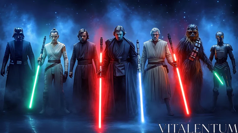 Iconic sci‑fi warriors aligned with glowing neon lightsabers.