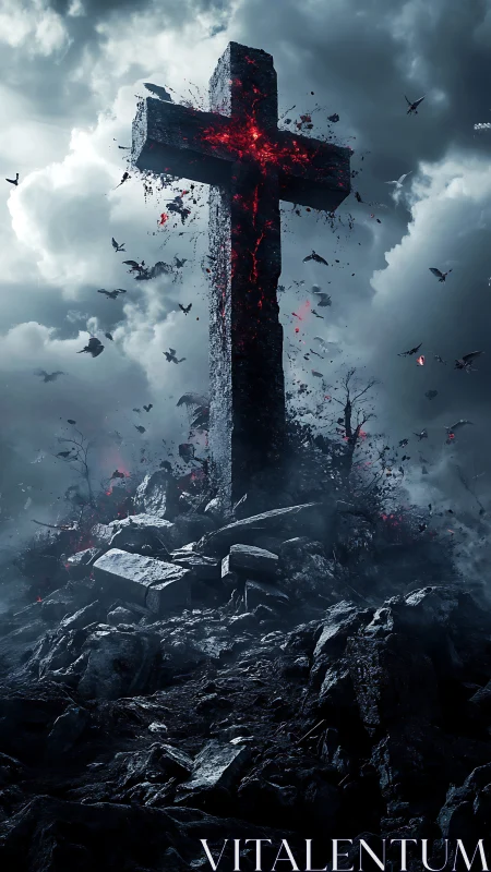 Burning stone cross over shattered rocky grave mound.