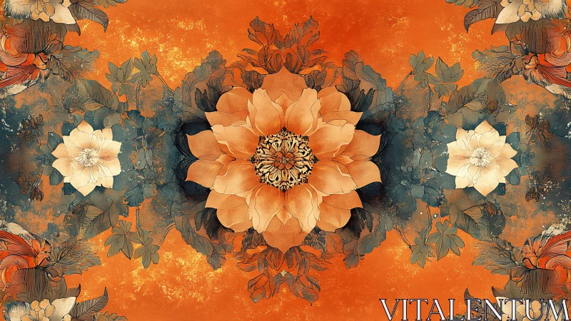 Radial floral mandala with mirrored ink linework on orange ground