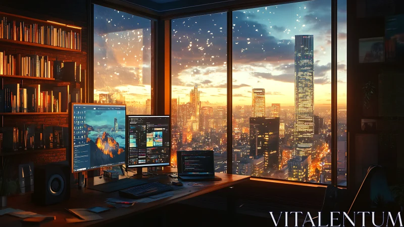 Code-lit skyline hums while dusk turns monitors into moons