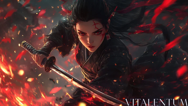 Fierce katana warrior framed by dynamic ember-lit motion.