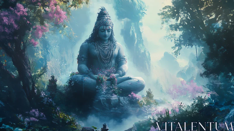 Large seated deity statue is rendered in misty forest setting