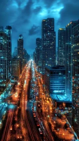 Nocturnal city avenue under neon blue storm clouds.
