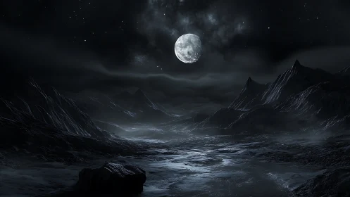 Moonlit void over frozen alien valley, whispering in silver.
