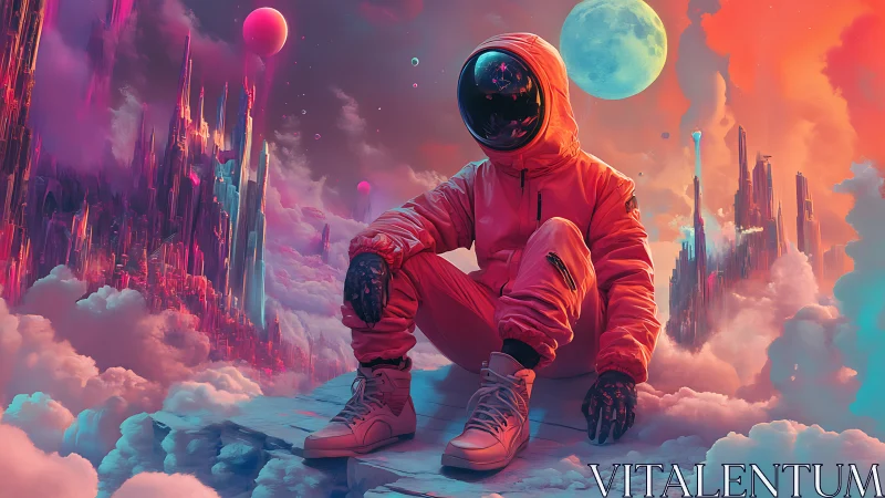Solitary astronaut seated in neon surreal cloud cityscape.