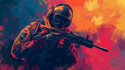 Armored infantry soldier with rifle in abstract color field.