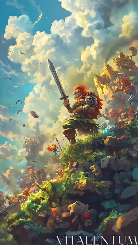 Sky-high warrior stands watch over a bright fantasy realm