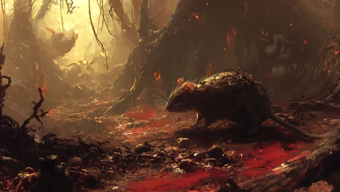 Solitary rat crosses a blood-red path in infernal forest