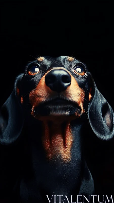 Low-key dachshund portrait with luminous glassy eyes.