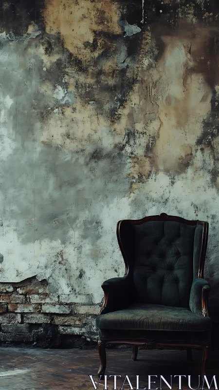 Velvet armchair anchors decayed concrete and brick wall