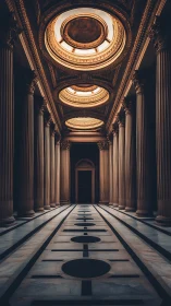 Gilded colonnade corridor under celestial oculus crowns.