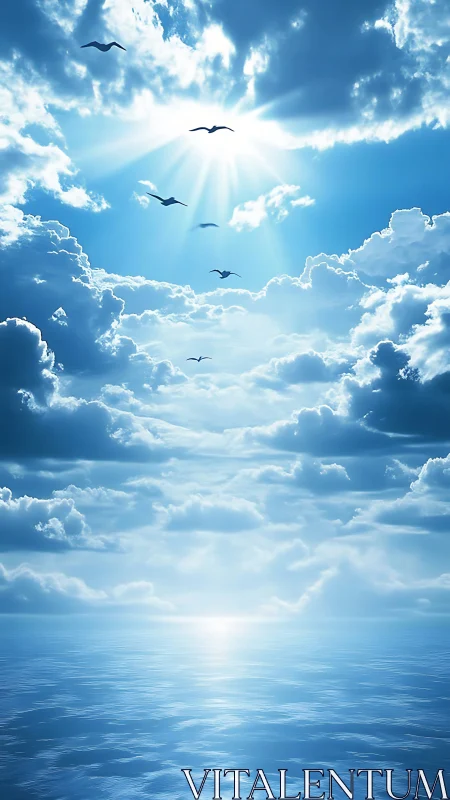 Seabirds in high clouded sky over reflective blue ocean.