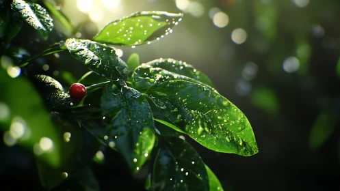 Rain-kissed green leaves catch sunrise bokeh glow.