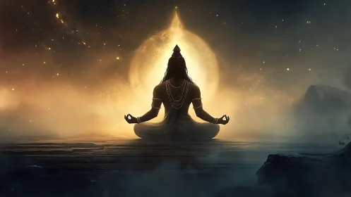 Divine yogi silhouette before cosmic glowing moon portal.