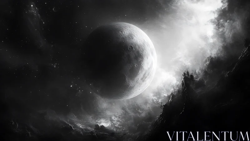 Dark monochrome planet in dramatic cosmic nebula sky