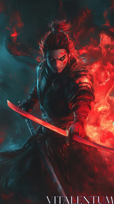 Fiery red samurai warrior framed by blue shadow flames.