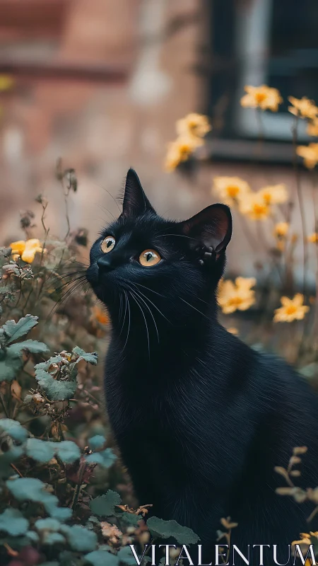 Black cat with amber eyes looking upward among yellow flowers
