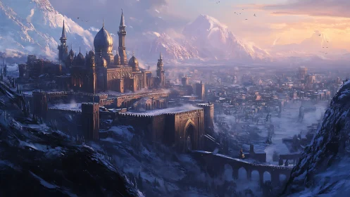 Fortified domed citadel dominates snowy mountain valley