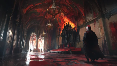 Masked lord surveys burning throne in bloodlit hall.