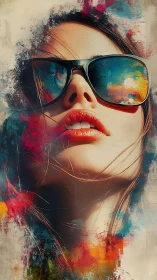 Close portrait shows reflective sunglasses and abstract color overlays