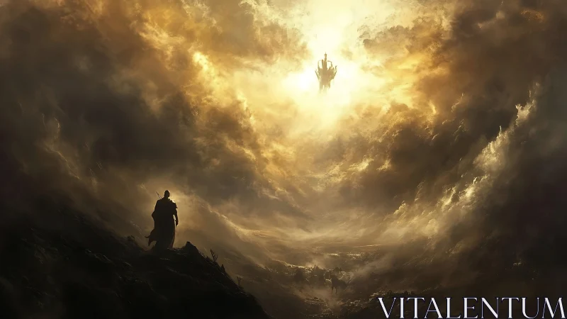 Warrior confronts radiant citadel above storm-torn abyss.