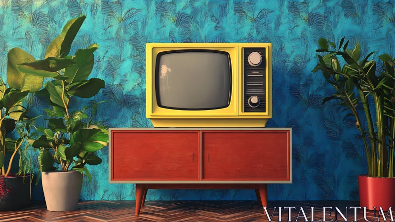 Vintage yellow television on cabinet with indoor plants.