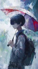 Chromatic rainfield study of solitary youth under umbrella.