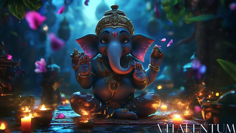 Baby Ganesha idol glows amid candles and flying petals.
