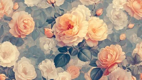 Layered Rose Garden: Soft Peach Blooms Against Muted Blue-Green Foliage.