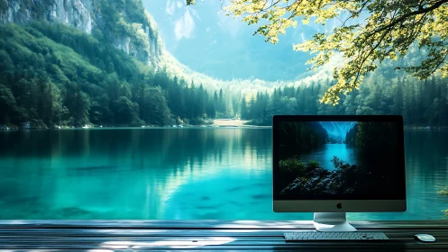 Desktop workstation contrasts hyperreal alpine lake panorama