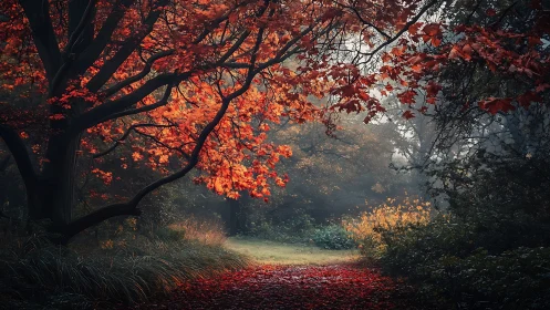 Scarlet maple canopy framing misty woodland pathway.