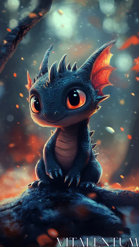 Bioluminescent hatchling dragon amid ember-lit bokeh field.